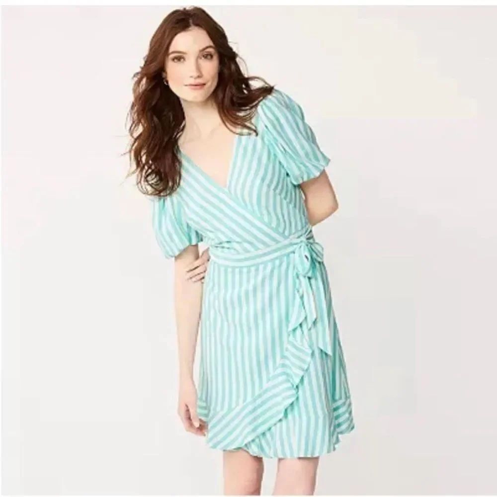 Draper James RSVP mint green & white striped ruffle XL wrap dress